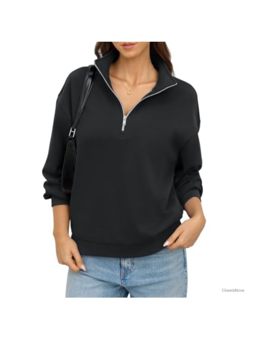 Fleece Quarter Zip Sweatshirt Mock Neck Oversized Pullover with Pockets